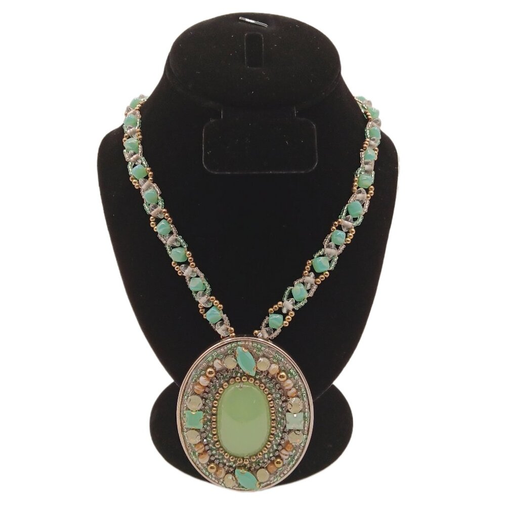 Chico’s Beaded Chalcedony Pendant Necklace 22.5” Jewel Statement Retro Costume